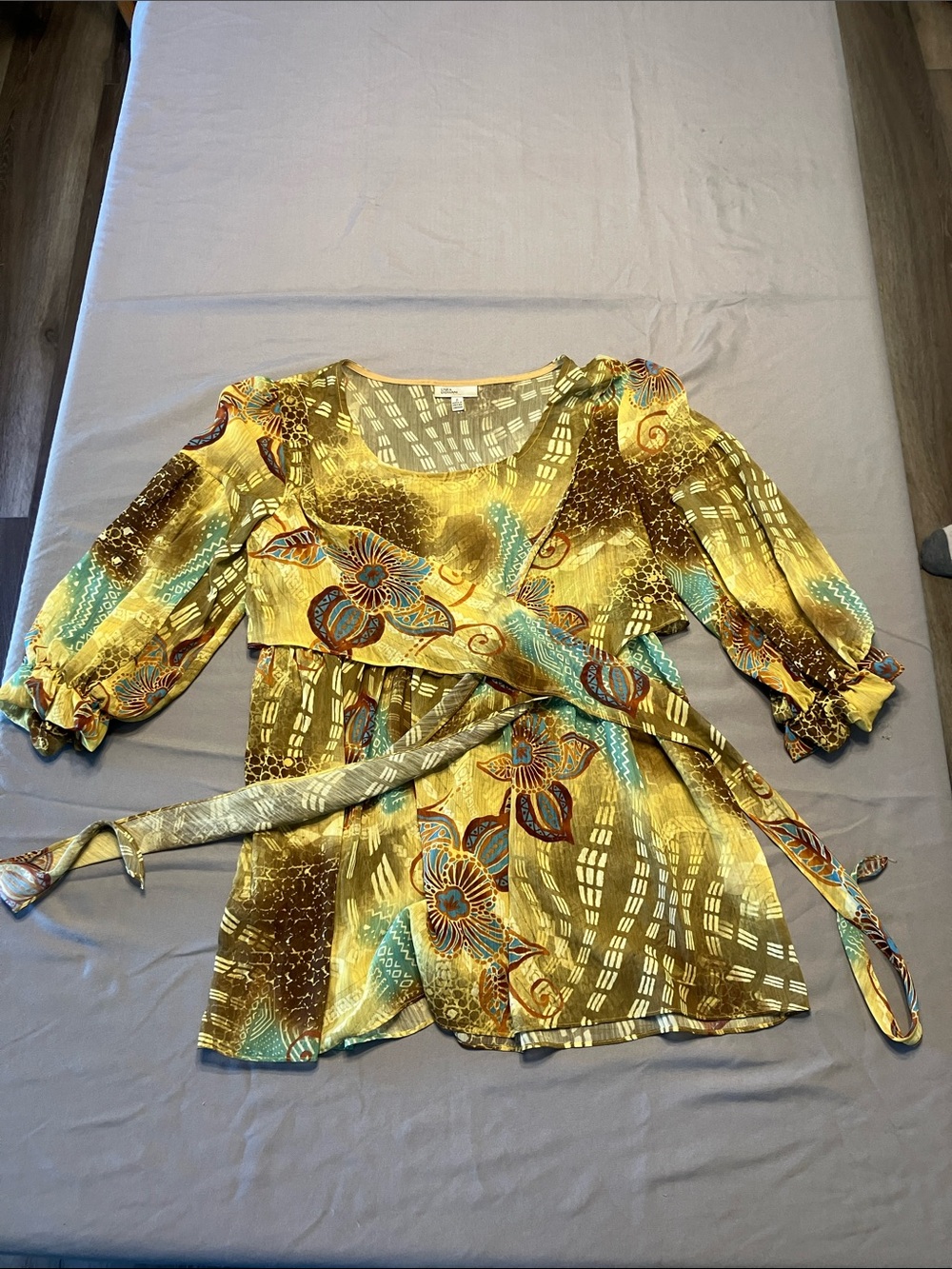Yellow Floral Wrap Tunic with Tie Belt